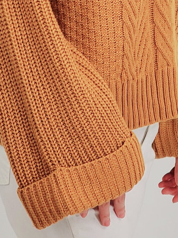 V Neck Bell-Sleeve Cable-Knit Oversize Sweater Top