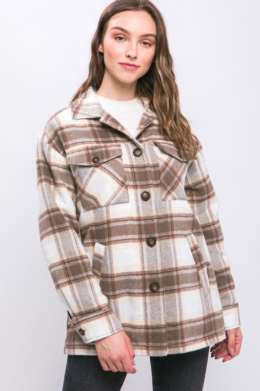 Plaid Button Up Jacket with Sherpa Lining - 0