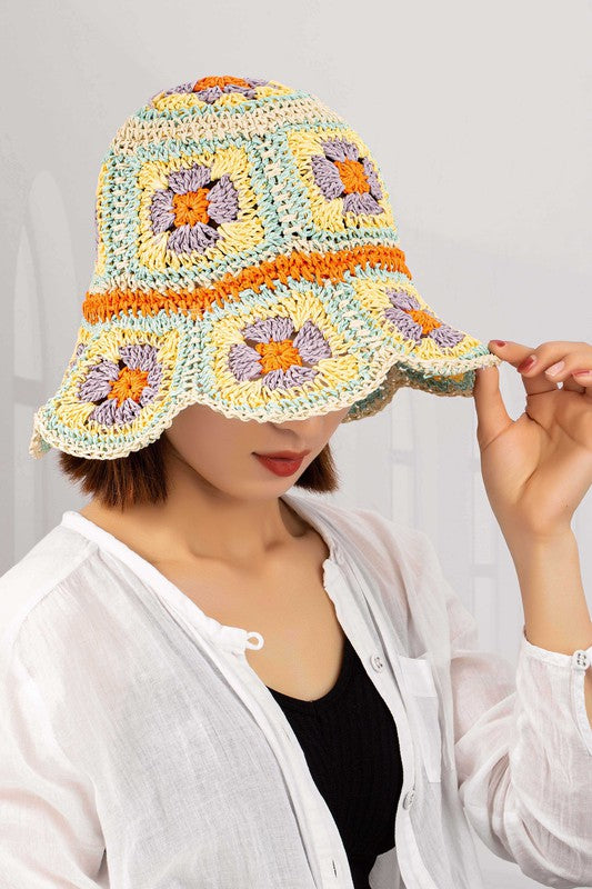 Packable crochet granny square bucket hat - 0
