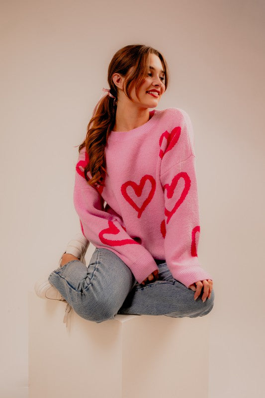 Long Sleeve Round Neck Heart Printed Sweater - 0