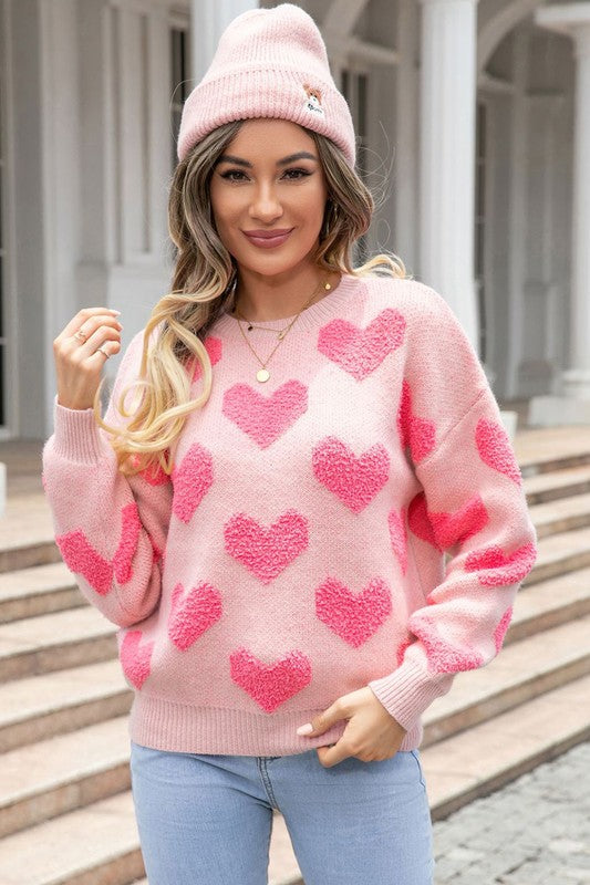 Fuzzy heart pink knit sweater Valentine - 0
