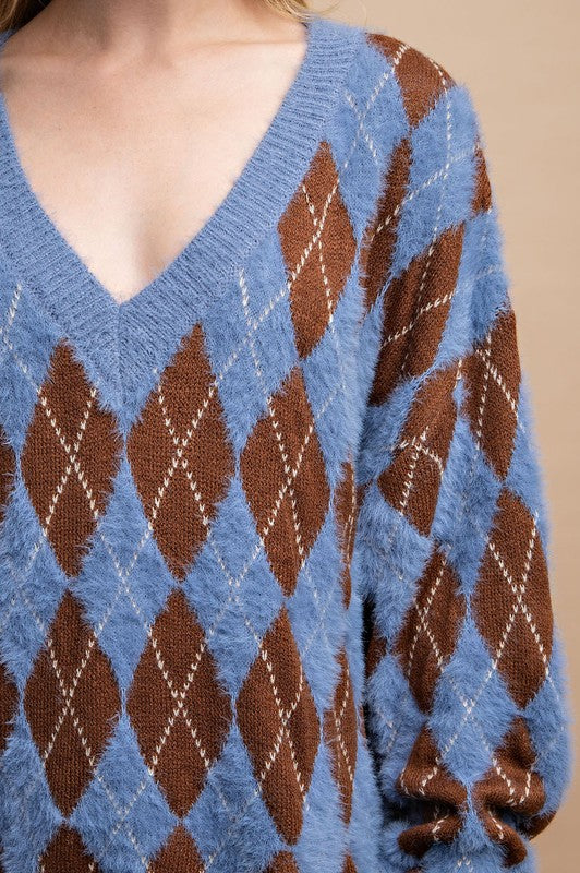 Periwinkle Argyle V-neck Sweater - 0