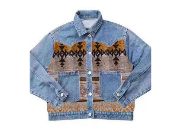 Buy rust Boho Vintage Aztec Western Print  Denim Jacket.