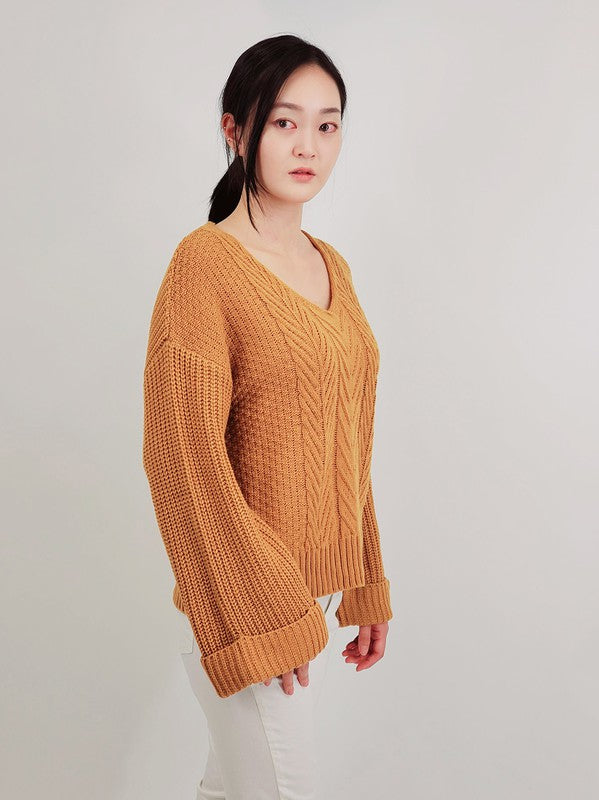 V Neck Bell-Sleeve Cable-Knit Oversize Sweater Top-1