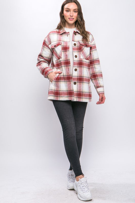 Plaid Button Up Jacket with Sherpa Lining-14