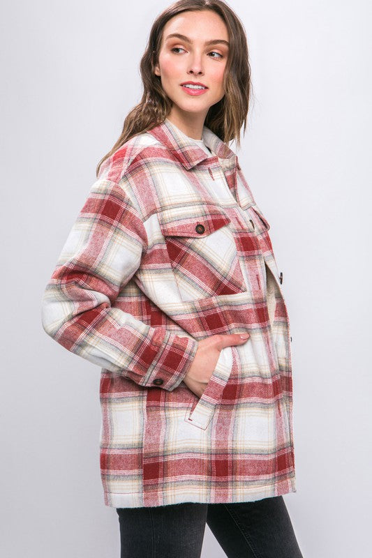Plaid Button Up Jacket with Sherpa Lining-12