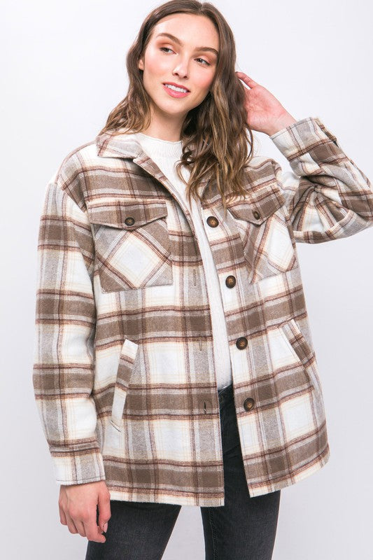 Plaid Button Up Jacket with Sherpa Lining-1