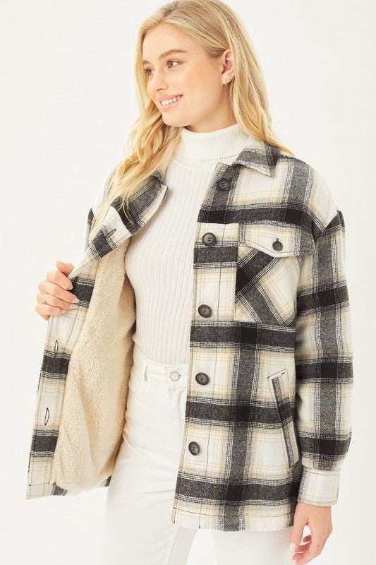 Plaid Button Up Jacket with Sherpa Lining-8