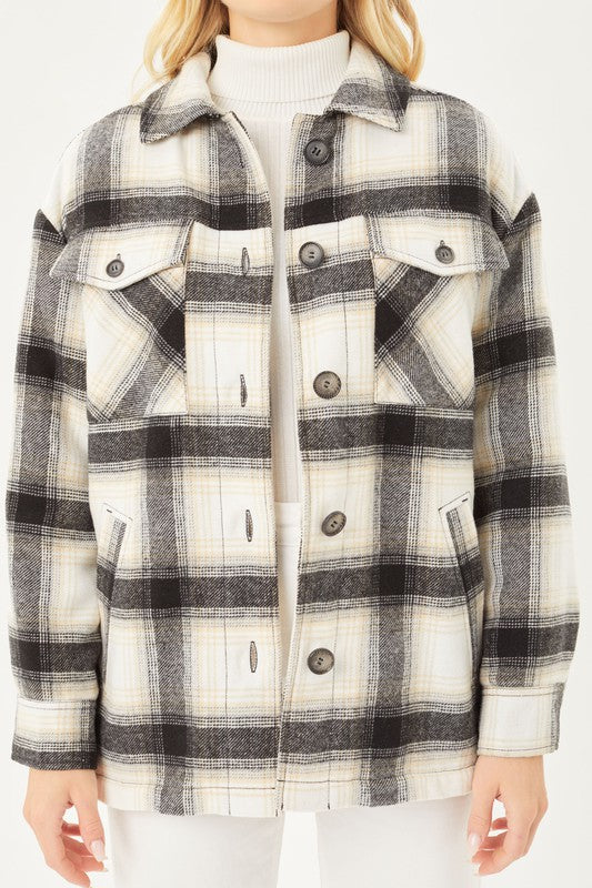 Plaid Button Up Jacket with Sherpa Lining-10