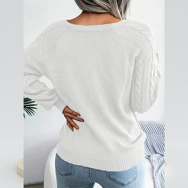 Cable knit preppy button round square  top sweater