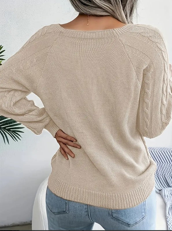 Cable knit preppy button round square  top sweater