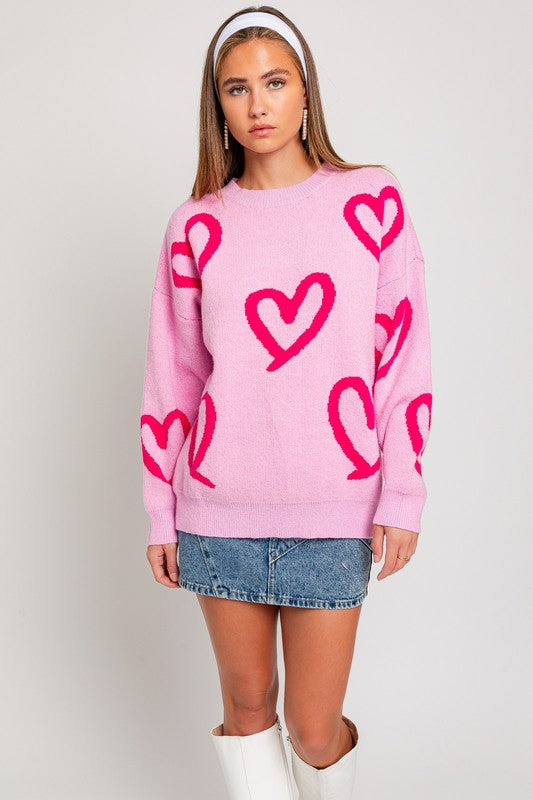 Long Sleeve Round Neck Heart Printed Sweater-3