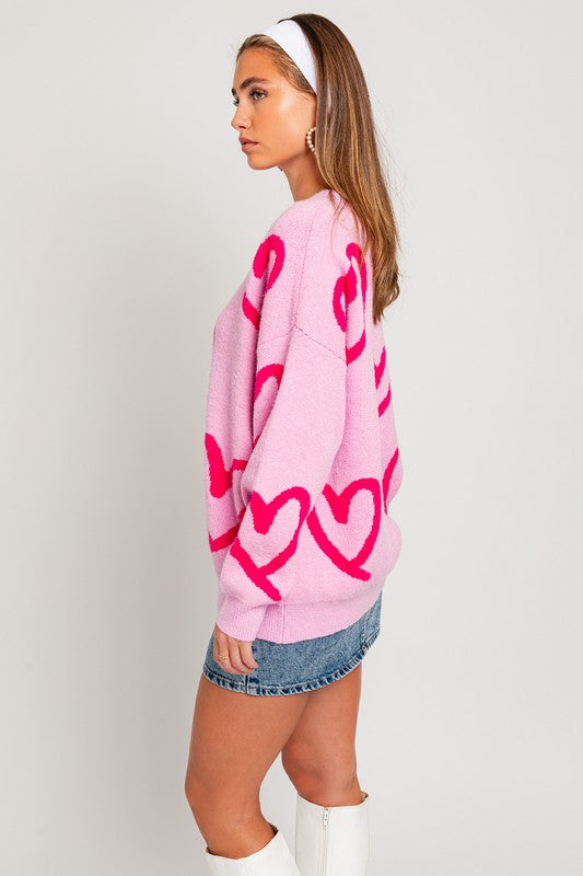 Long Sleeve Round Neck Heart Printed Sweater-4