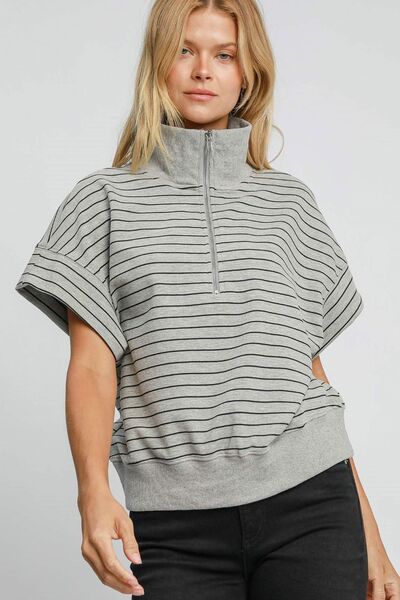 Umgee Striped Half Zip Short Sleeve Sweatshirt | Mountain