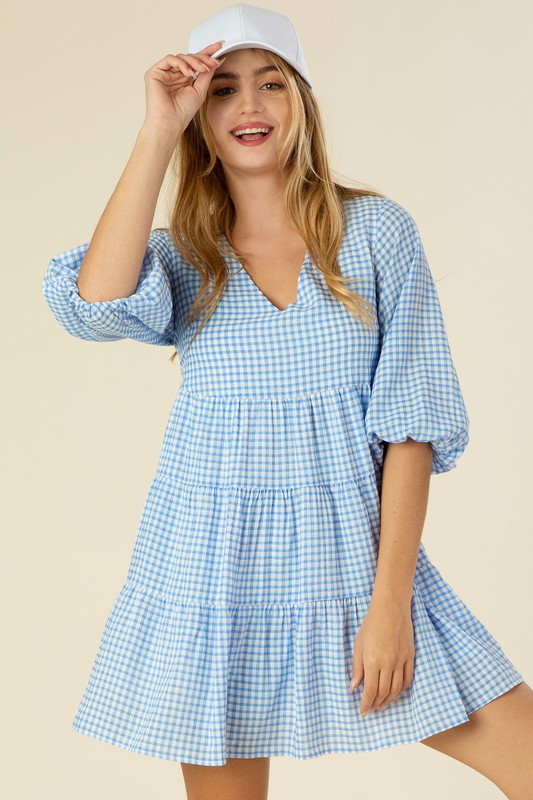 Gingham checked tiered dress-8