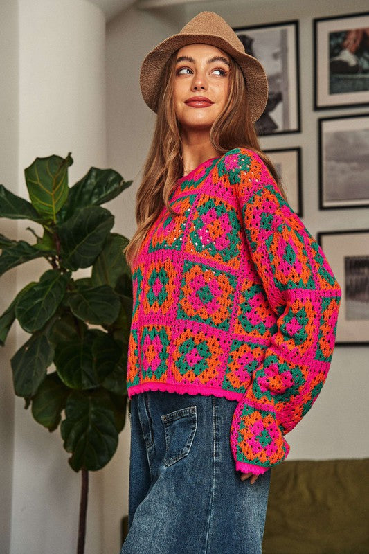 Crochet Patchwork Round Neck Pullover Sweater Top-15