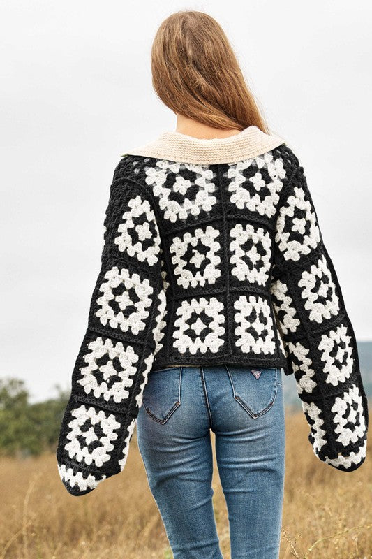 Two-Tone Floral Square Crochet Open Knit Cardigan-6