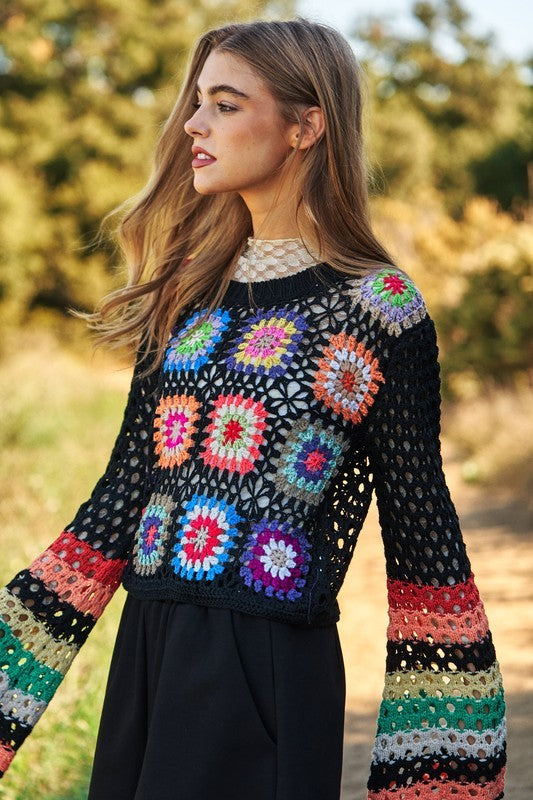 Floral Crochet Striped Sleeve Cropped Knit Sweater-14