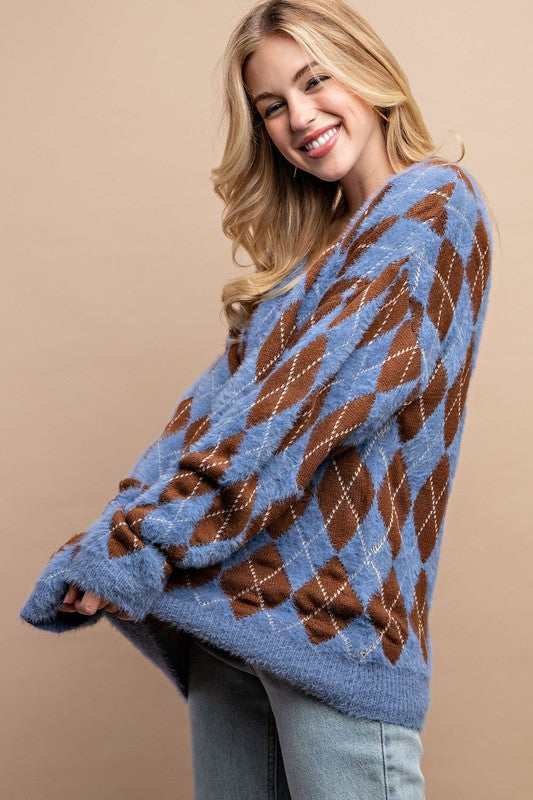 Periwinkle Argyle V-neck Sweater