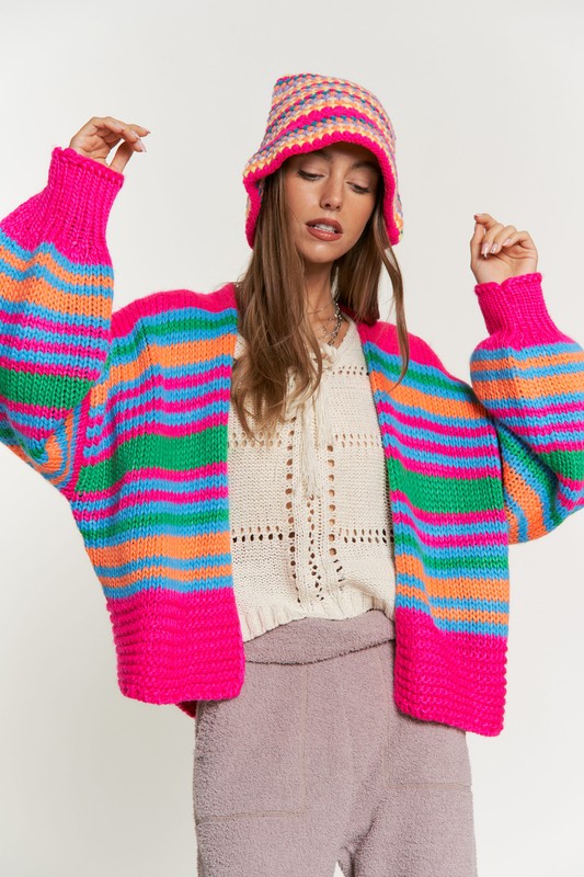 Chunky Knit Multi-Striped Open Sweater Cardigan - 0